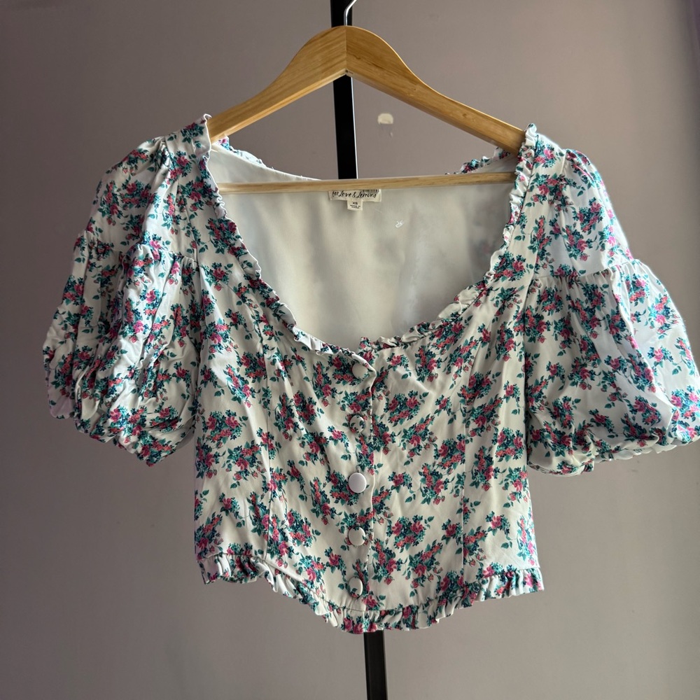 For Love and Lemons floral Puff Sleeve Crop Top XS